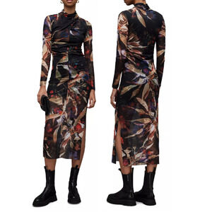 AllSaints Tia Tippi Draped Mock Neck Bodycon Midi Dress Black Women's Size 6 US